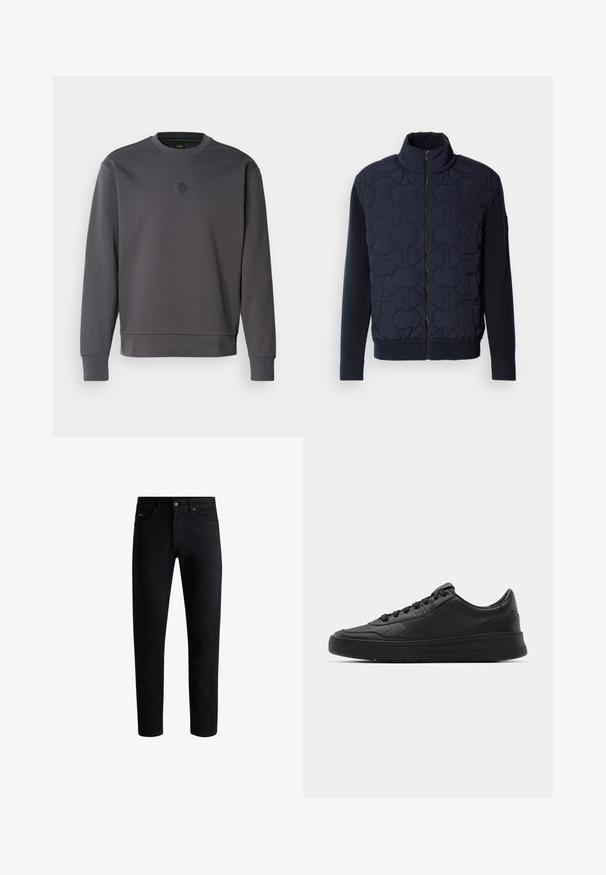 Tmavě námořnický prošívaný kabát s vysokým límcem, zipem vpředu, pletenými rukávy a žebrovaným lemem, se zaoblenými vzory na předním panelu.; Svetlošedý svetr vyrobený z měkké látky, s šestihranným logem na hrudi, žebrovanými manžetami a kulatým výstřihem. Jednoduchý, moderní design.; Černé slim-fit džíny s pěti kapsami, zapínáním na knoflík a poutek na opasek, vystavené na bílém pozadí.; Černé tenisky s hladkým koženým svrškem, kulatou špičkou, plochými tkaničkami, polstrovaným límcem a minimalistickým designem. Gumová podrážka s jemným vzorkem.