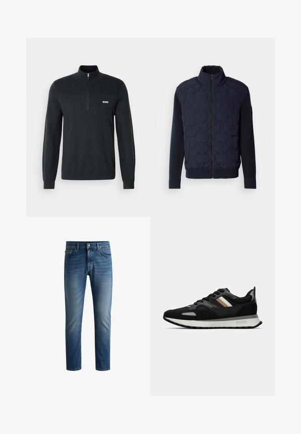 Dunkelblauer gesteppter Mantel mit hohem Kragen, Reißverschluss vorne, gestrickten Ärmeln und geripptem Saum, mit kreisförmigen Mustern auf der Vorderseite.; Schwarzer Zip-Hoodie aus weichem Stoff, mit einer gerippten Textur im oberen Abschnitt und einem kleinen weißen Logo auf der Brust.; Dunkelblaue Jeans aus Denim mit geradem Schnitt, fünftaschen Design, leichter Verblassung auf den Oberschenkeln und einem einzelnen Knopfverschluss am Bund.; Schwarzer Laufschuh mit strukturiertem Obermaterial, hellgrauen Akzenten und drei horizontalen Streifen in Braun. Verfügt über eine weiße, gepolsterte Sohle.