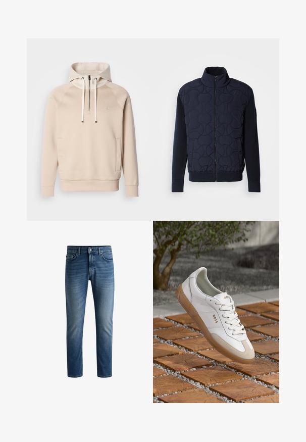 Jachetă neagră matlasată de nuanță închisă, cu guler înalt, fermoar frontal, mâneci tricotate și tiv ondulat, având modele circulare pe panoul din față.; Hanorac bej cu glugă și fermoar pe sfert, cu buzunare frontale și manșete ribbate. Conține detalii brodate pe piept și are o textură moale.; Jeanși din denim albastru închis, cu croială dreaptă, design cu cinci buzunare, ușor decolorati pe coapse și închidere cu un singur nasture la talie.; Sneakers din piele albă cu accente din suede bej, având vârful rotund, șireturi frontale și talpa din cauciuc bej, inscripționate cu numele brandului "BOSS."
