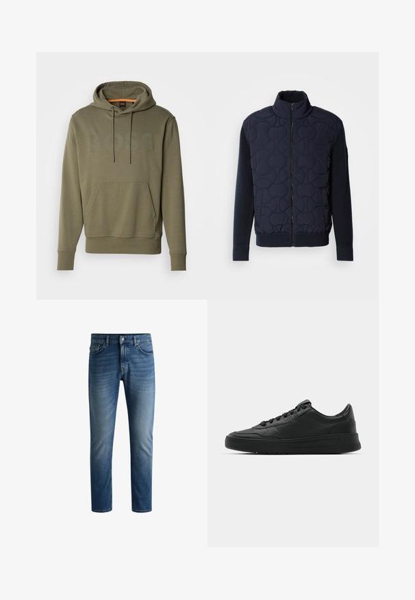 Tmavomodrá prešívaná bunda s vysokým golierom, predným zipsom, pletenými rukávmi a rebrovaným spodným lemom, s kruhovými vzormi na prednom paneli.; Olivovo zelená mikina s kapucňou s veľkým logom "BOSS" v o niečo tmavšom odtieni. Obsahuje prednú klokanie vrecko a nastaviteľnú kapucňu so šnúrkou.; Tmavomodré džínsy s rovnými nohavicami, dizajnom na päť vreciek, svetlým vyblednutím na stehnách a jedným gombíkom na uzatvorenie v páse.; Čierne tenisky s hladkým koženým zvrškom, okrúlym špičkou, plochými šnúrkami, polstrovaným golierom a minimalistickým dizajnom. Gumená podrážka s jemným vzorom behúňa.