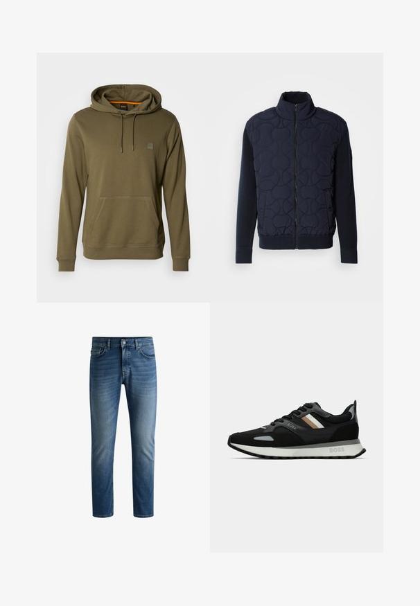 Dark navy quilted jacket featuring a high collar, zip front, knit sleeves, and ribbed hem, with circular patterns on the front panel.; Olive green hoodie made of soft fabric, featuring a front pocket, adjustable drawstring hood, and subtle logo patch on the chest.; Dark blue denim jeans with a straight cut, five-pocket design, light fading on thighs, and a single button closure at the waistband.; Black running shoe with a textured surface, light gray accents, and three horizontal stripes in brown. Features a white cushioned sole.