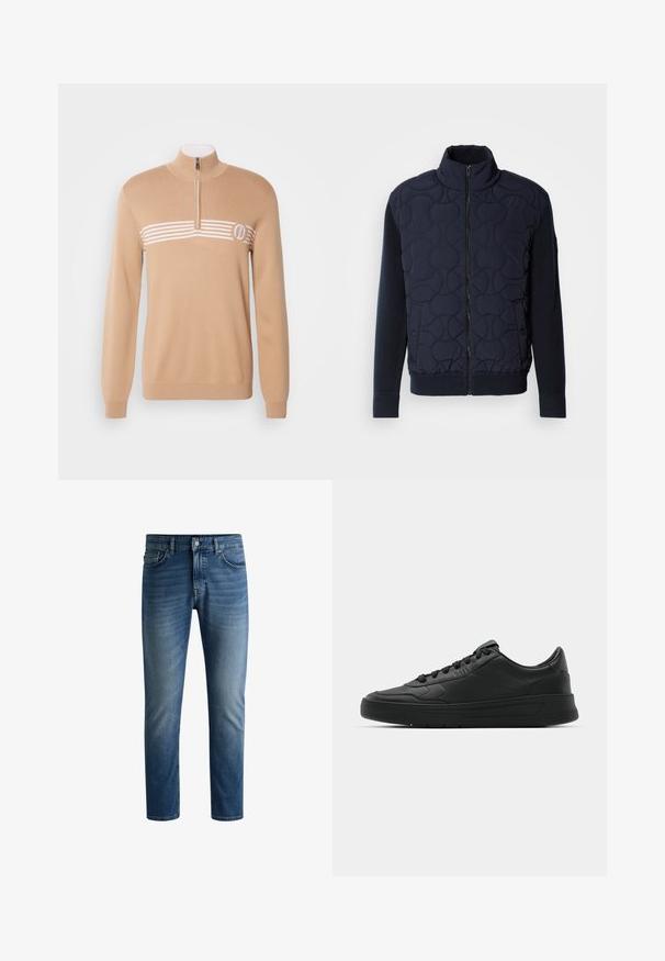 Tummansininen tyynyjäkt, jossa on korkea kaulus, vetoketjukiinnitys, neulottuja hihoja ja ribbaushelma, sekä pyöreitä kuvioita etupanelissa.; Vaaleanbeige neulepusero, jossa on puoli-vetoketju kauluksessa, valkoiset vaakaraitat ja logo vasemmassa rinnassa. Sileä pinta, pitkät hihat.; Tumma sinisiä farkkuja suoran leikkauksen, viisipaikkasuunnittelun, vaalean haalistuman reidissä ja yksittäisen nappisulun vyötäröllä.; Mustat lenkkitossut, joissa on sileä nahkapäällinen, pyöreä kärki, tasaiset nauhat, pehmustettu nilkka ja minimalistinen muotoilu. Kumia pohja, jossa on hillitty urakuvio.