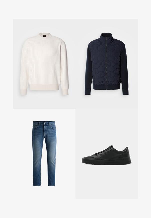 Donker marineblauwe gewatteerde jas met hoge kraag, rits aan de voorkant, gebreide mouwen en geribbelde zoom, met cirkelpatronen op het voorpaneel.; Witte ribgebreide trui met een ronde halslijn en lange mouwen. Heeft een textuurstof met een zachte afwerking en subtiele horizontale lijnen.; Donkerblauwe denim jeans met een rechte snit, vijf-pocket ontwerp, lichte vervaging op de dijen en een enkele knoopsluiting bij de tailleband.; Zwarte sneaker met een glad leren bovenwerk, ronde neus, platte veters, gewatteerde kraag en minimalistisch design. Rubberen zool met een subtiel profiel.