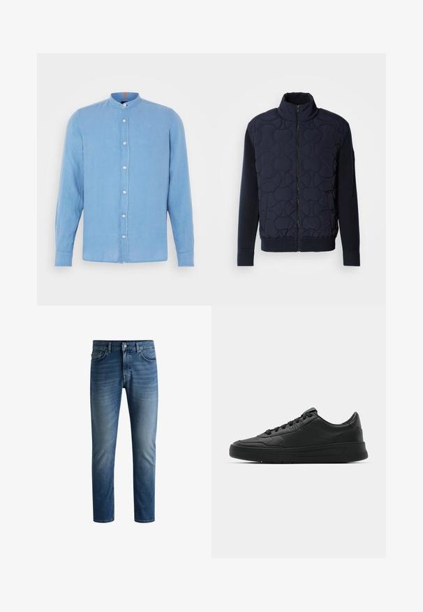 Temno modra prešita jakna z visokim ovratnikom, z zadrgo spredaj, pletenimi rokavi in rebrastim robom, s krožnimi vzorci na sprednjem panelu.; Svetlo modra srajca z dolgimi rokavi in ovratnikom, z zapiranjem na gumb na sprednji strani ter malimi belimi gumbi; izdelana iz gladkega, strukturiranega blaga.; Temno modre jeans hlače s ravnim krojem, petimi žepi, svetlim bledenjem na stegnih in enojnim gumbom za zapiranje na pasu.; Črne superge z gladkim usnjenim zgornjim delom, okroglo konico, ravnimi vezalkami, oblazinjeno ovratnikom in minimalističnim dizajnom. Gumijast podplat z diskretnim profilom.