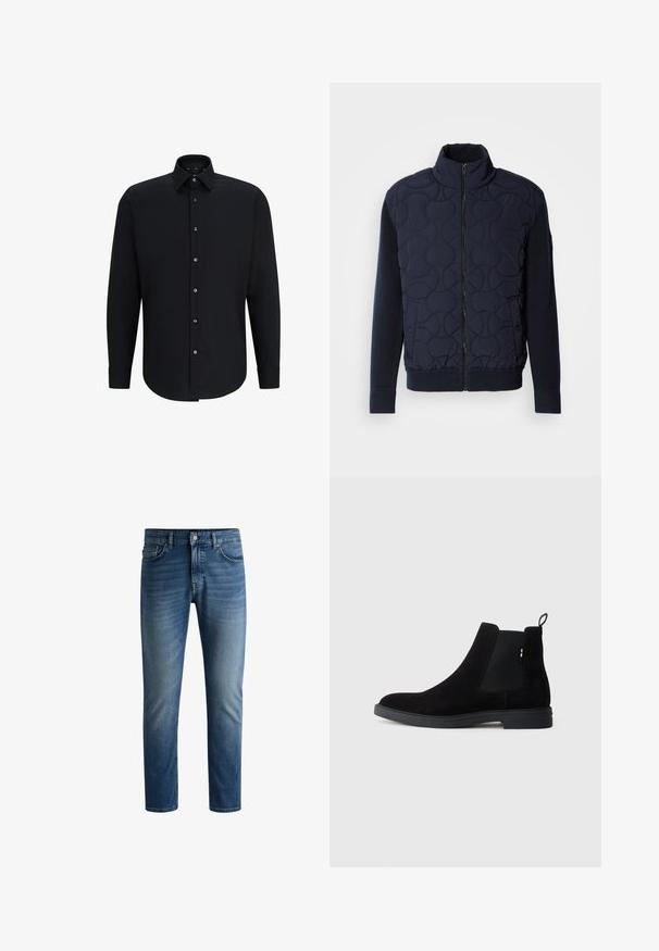 Giacca imbottita di un blu navy scuro con colletto alto, chiusura con zip, maniche a maglia e orlo a costine, decorata con motivi circolari sul pannello frontale.; Camicia nera a maniche lunghe realizzata in tessuto morbido, con colletto a punta e chiusura frontale con bottoni, dotata di sei bottoni metallici e polsini regolabili.; Jeans in denim blu scuro con taglio dritto, design a cinque tasche, leggera scoloritura sulle cosce e chiusura a bottone unico in vita.; Stivali Chelsea neri in suede con pannelli elasticizzati ai lati, punta rotonda e suola in gomma bassa. Presentano una linguetta sul retro per facilitarne l'indosso.