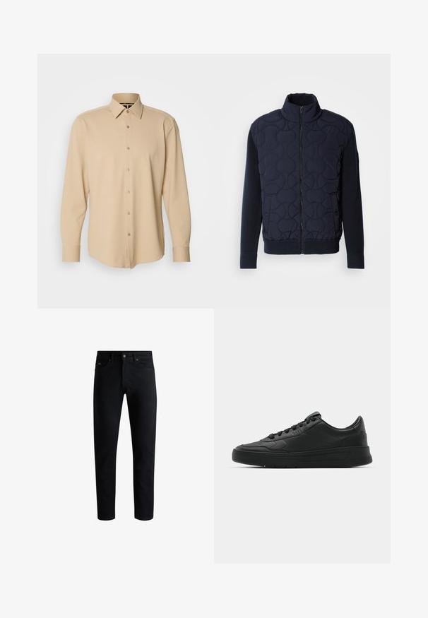 Temno modra prešita jakna z visokim ovratnikom, z zadrgo spredaj, pletenimi rokavi in rebrastim robom, s krožnimi vzorci na sprednjem panelu.; Bež srajca z dolgimi rokavi, narejena iz teksturiranega blaga s karo vzorcem, z zapenjanjem spredaj in na manšetah, krojena fit.; Črne slim-fit kavbojke z vsemi petimi žepi, zapiranjem na gumb in zankami za pas, prikazane na beli podlagi.; Črne superge z gladkim usnjenim zgornjim delom, okroglo konico, ravnimi vezalkami, oblazinjeno ovratnikom in minimalističnim dizajnom. Gumijast podplat z diskretnim profilom.
