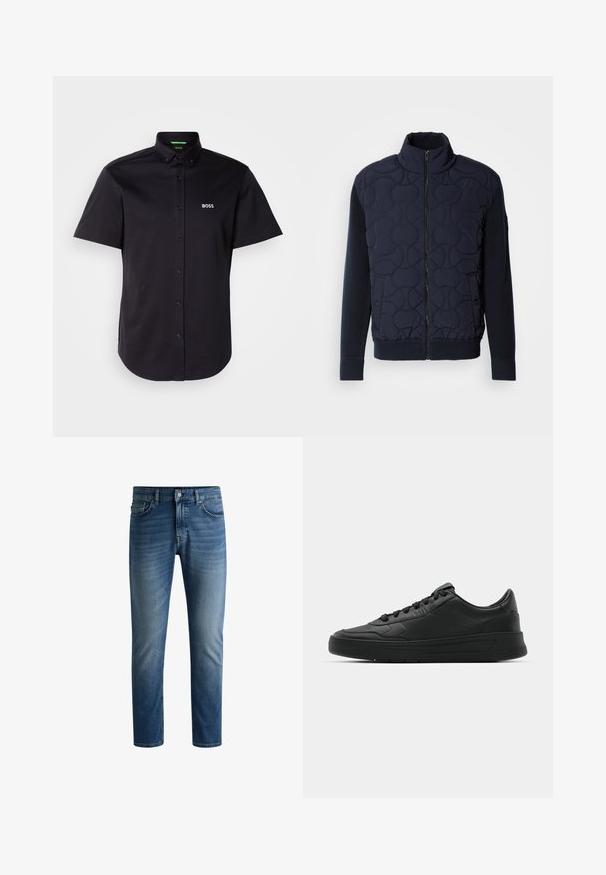 Donker marineblauwe gewatteerde jas met hoge kraag, rits aan de voorkant, gebreide mouwen en geribbelde zoom, met cirkelpatronen op het voorpaneel.; Zwart T-shirt met korte mouwen van katoen, met een button-down kraag, subtiele logo op de borst en een klassieke rechte zoom.; Donkerblauwe denim jeans met een rechte snit, vijf-pocket ontwerp, lichte vervaging op de dijen en een enkele knoopsluiting bij de tailleband.; Zwarte sneaker met een glad leren bovenwerk, ronde neus, platte veters, gewatteerde kraag en minimalistisch design. Rubberen zool met een subtiel profiel.