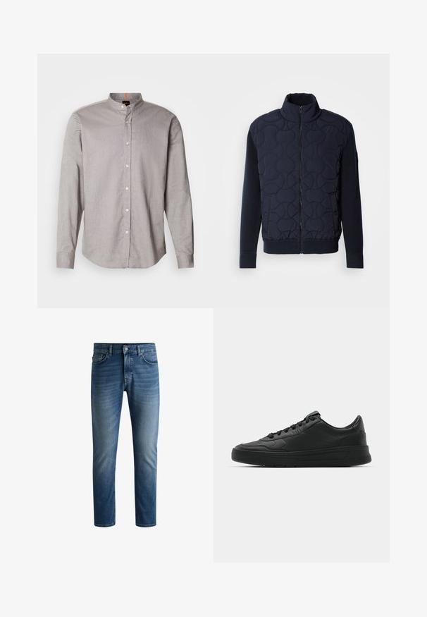 Tummansininen tyynyjäkt, jossa on korkea kaulus, vetoketjukiinnitys, neulottuja hihoja ja ribbaushelma, sekä pyöreitä kuvioita etupanelissa.; Harmaa pitkähihaine paita, jossa on pystykaulus, napitettava etuosa ja sileä pinta. Ominaisuuksiin kuuluvat valkoiset napit ja kaareva helma.; Tumma sinisiä farkkuja suoran leikkauksen, viisipaikkasuunnittelun, vaalean haalistuman reidissä ja yksittäisen nappisulun vyötäröllä.; Mustat lenkkitossut, joissa on sileä nahkapäällinen, pyöreä kärki, tasaiset nauhat, pehmustettu nilkka ja minimalistinen muotoilu. Kumia pohja, jossa on hillitty urakuvio.