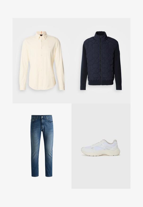 Mørk navy quiltet jakke med høj krave, lynlås foran, strikkede ærmer og ribbet kant, med cirkulære mønstre på frontpanelet.; Langærmet, knaplukket skjorte i lys beige bomuld; har en klassisk krave og lille logo detalje på den øverste venstre bryst.; Mørkeblå denimjeans med lige pasform, fem lomme-design, let falmning på lårene og en enkelt knaplukning i taljen.; Hvide sportssko lavet af mesh og ruskind, med en struktureret mellemsål, strukturerede detaljer og "HUGO"-logoet på siden.