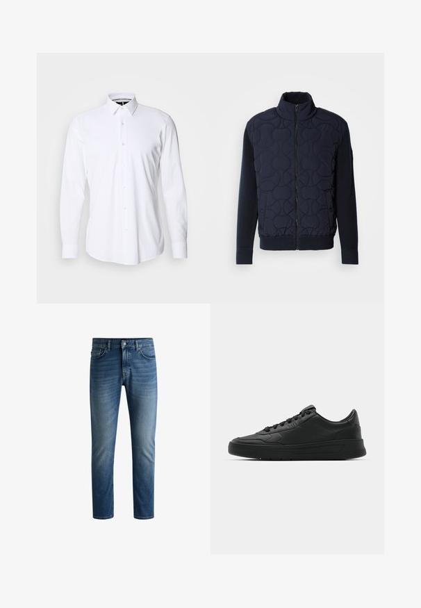 Chaqueta acolchada azul marino oscuro con un alto cuello, cierre de cremallera en la parte delantera, mangas de punto y dobladillo acanalado, con patrones circulares en el panel frontal.; Camisa blanca de manga larga abotonada, hecha de un tejido suave, con un collar puntiagudo y un corte regular. Cuenta con una tapeta frontal con seis botones.; Jeans de mezclilla azul oscuro con corte recto, diseño de cinco bolsillos, ligero desgaste en los muslos y un cierre de botón en la cintura.; Zapatilla negra con parte superior de cuero liso, puntera redonda, cordones planos, cuello acolchado y diseño minimalista. Suela de goma con un patrón de relieve sutil.