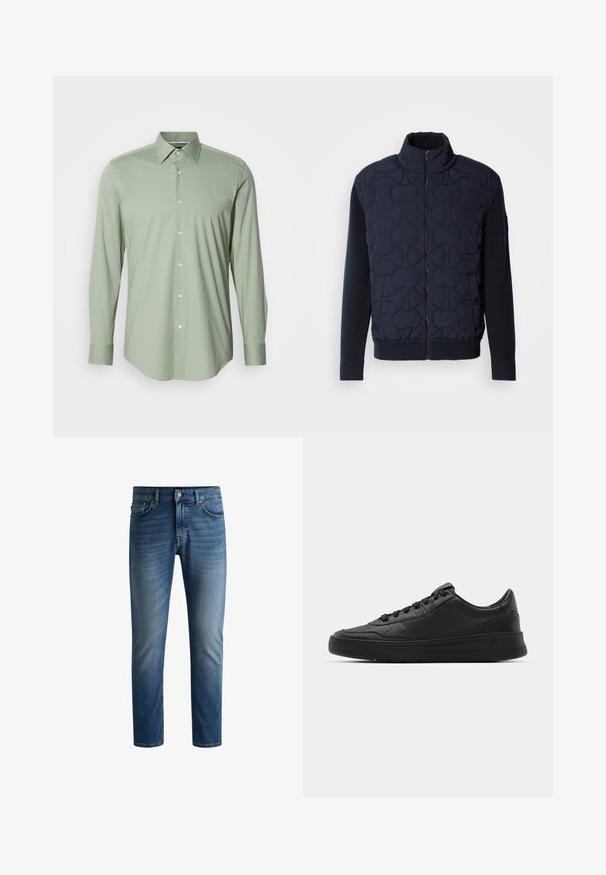 Mørk sjøgrønn quiltet jakke med høy krage, glidelås foran, strikkede ermer og ribbestrikket hem, med sirkulære mønstre på frontpanelet.; Lys grønn langermet herreskjorte med spiss krage og hvite knapper foran, vist på en enkel bakgrunn.; Mørk blå denimjeans med rett snitt, fem lommers design, lys falming på lårene, og en enkelt knapp i midjen.; Sorte sneakers med glatt skinnøvre, rund tå, flate lisser, polstret krage og minimalistisk design. Gummisåle med subtilt mønster.