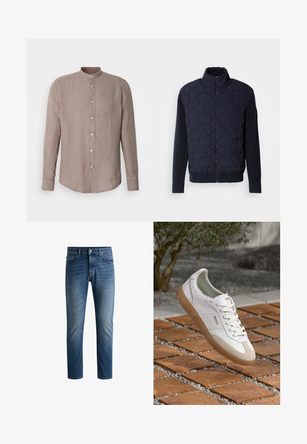 Sötét tengerészkék steppelt dzseki magas gallérral, cipzáros elülső résszel, kötött ujjakkal és bordázott aljjal, az elülső panelen kör alakú mintázattal.; Hosszú ujjú ing taupe színű vászonból, mandarin gallérral, gombos elülső résszel és finom textúrával, ívelt alsó szegéllyel tervezve.; Sötétkék farmernadrág egyenes szabással, öt zsebbel, világosabb elhalványulásokkal a combok területén, és egy gombos zárással a derékrészen.; Fehér bőr sneaker, bézs velúr részletekkel, kerek orral, fűzős elemmel és barna gumitalppal, a "BOSS" márkanevével.