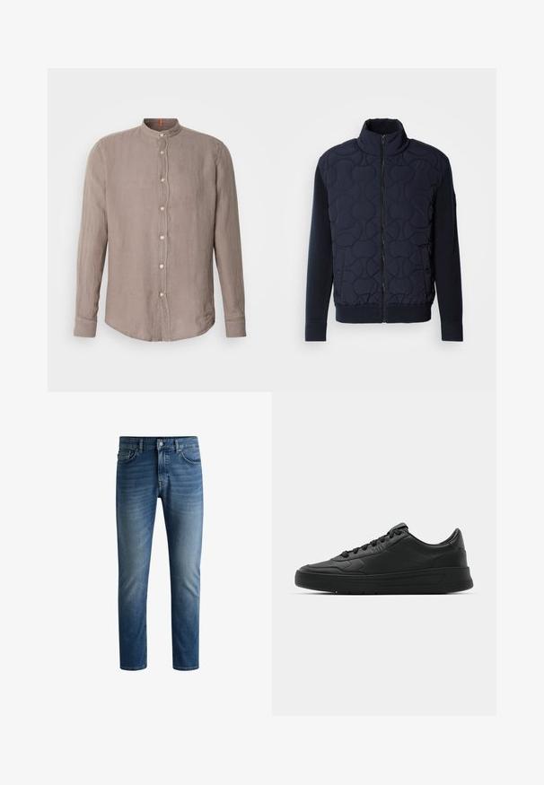 Donker marineblauwe gewatteerde jas met hoge kraag, rits aan de voorkant, gebreide mouwen en geribbelde zoom, met cirkelpatronen op het voorpaneel.; Lange mouwen shirt in taupe linnen met een mandarinokraag, voorzien van een knopenfront en subtiele textuur, ontworpen met een gebogen zoom.; Donkerblauwe denim jeans met een rechte snit, vijf-pocket ontwerp, lichte vervaging op de dijen en een enkele knoopsluiting bij de tailleband.; Zwarte sneaker met een glad leren bovenwerk, ronde neus, platte veters, gewatteerde kraag en minimalistisch design. Rubberen zool met een subtiel profiel.