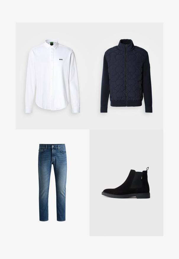 Donker marineblauwe gewatteerde jas met hoge kraag, rits aan de voorkant, gebreide mouwen en geribbelde zoom, met cirkelpatronen op het voorpaneel.; Witte button-down shirt gemaakt van katoen, met een klassieke kraag en een subtiel geborduurd logo op de linkerkant van de borst. Soepele textuur.; Donkerblauwe denim jeans met een rechte snit, vijf-pocket ontwerp, lichte vervaging op de dijen en een enkele knoopsluiting bij de tailleband.; Zwarte suède Chelsea laarzen met elastische zijpanelen, ronde neus en een lage rubberen zool. Beschikt over een trekband aan de achterkant voor eenvoudig aan- en uittrekken.