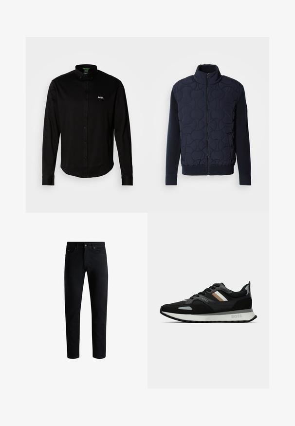 Tummansininen tyynyjäkt, jossa on korkea kaulus, vetoketjukiinnitys, neulottuja hihoja ja ribbaushelma, sekä pyöreitä kuvioita etupanelissa.; Musta pitkähihainen paita, jossa on nappikaulus, pehmeästä kankaasta valmistettu, vasemmassa rinnassa valkoinen brodeerattu logo.; Musta kapea slim-fit farkut viidellä taskulla, napitettava sulkeminen ja vyölenkit, esitelty valkoista taustaa vasten.; Musta juoksukenkä, jossa on tekstuuroitu pinta, vaaleanharmaita yksityiskohtia ja kolme vaaleanruskeaa vaakaraitaa. Kenkässä on valkoinen pehmustettu pohja.