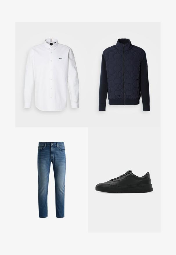 Mørk sjøgrønn quiltet jakke med høy krage, glidelås foran, strikkede ermer og ribbestrikket hem, med sirkulære mønstre på frontpanelet.; Hvit langermet skjorte med krage som kan kneppes, med en liten blå "BOSS" logo på brystet og perlemorsknapper. Mykt, teksturert stoff.; Mørk blå denimjeans med rett snitt, fem lommers design, lys falming på lårene, og en enkelt knapp i midjen.; Sorte sneakers med glatt skinnøvre, rund tå, flate lisser, polstret krage og minimalistisk design. Gummisåle med subtilt mønster.