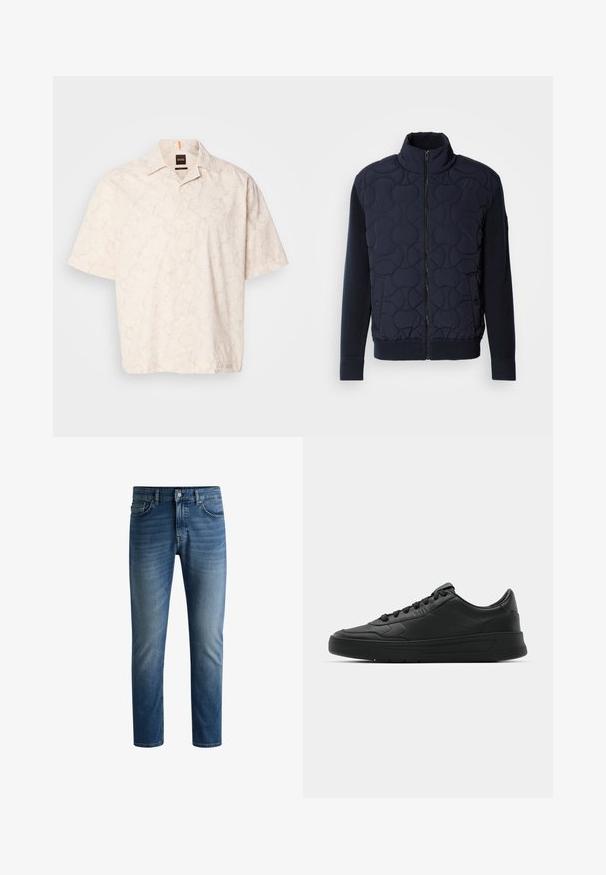 Donker marineblauwe gewatteerde jas met hoge kraag, rits aan de voorkant, gebreide mouwen en geribbelde zoom, met cirkelpatronen op het voorpaneel.; Korte mouwen, knoopsluiting shirt in een lichte beige kleur met een subtiel marmerpatroon, gemaakt van zachte stof, met een klassieke kraag en een borstlabel.; Donkerblauwe denim jeans met een rechte snit, vijf-pocket ontwerp, lichte vervaging op de dijen en een enkele knoopsluiting bij de tailleband.; Zwarte sneaker met een glad leren bovenwerk, ronde neus, platte veters, gewatteerde kraag en minimalistisch design. Rubberen zool met een subtiel profiel.