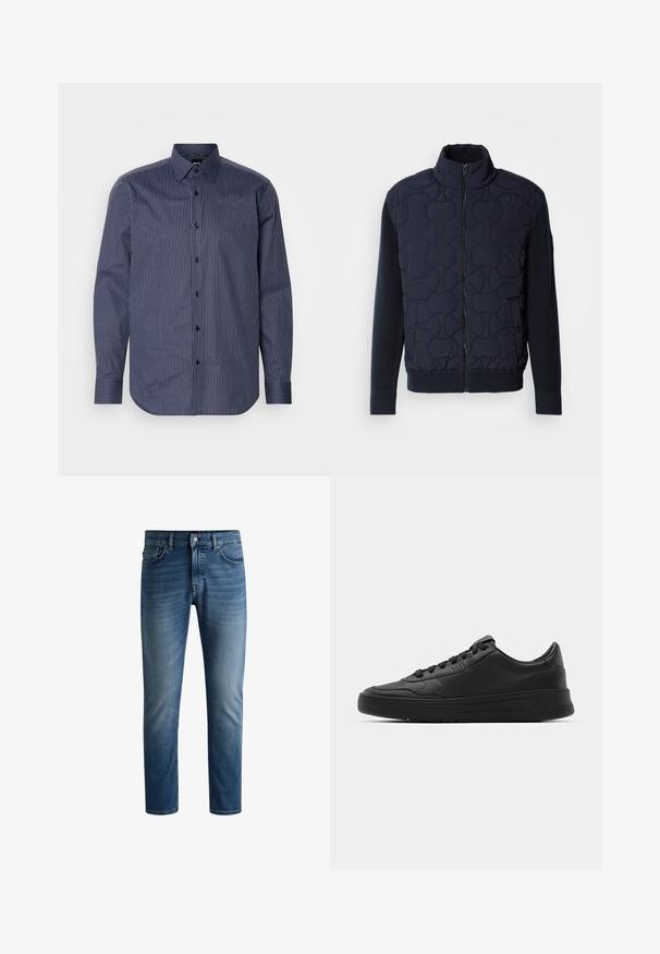 Tmavomodrá prešívaná bunda s vysokým golierom, predným zipsom, pletenými rukávmi a rebrovaným spodným lemom, s kruhovými vzormi na prednom paneli.; Námornícky pruhovaná košeľa s dlhým rukávom, ktorá má zapínanie na gombíky, predný gombíkový pás a kontrastné vertikálne pruhy s hladkou štruktúrou.; Tmavomodré džínsy s rovnými nohavicami, dizajnom na päť vreciek, svetlým vyblednutím na stehnách a jedným gombíkom na uzatvorenie v páse.; Čierne tenisky s hladkým koženým zvrškom, okrúlym špičkou, plochými šnúrkami, polstrovaným golierom a minimalistickým dizajnom. Gumená podrážka s jemným vzorom behúňa.