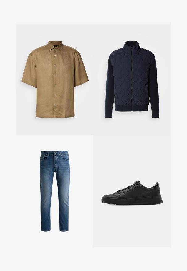 Casaco acolchoado azul marinho escuro com gola alta, fecho de correr na frente, mangas de malha e barra canelada, com padrões circulares no painel da frente.; Camisa de manga curta, abotoada, em tecido de linho castanho claro com um acabamento texturizado, apresentando um colarinho padrão e seis botões à frente.; Jeans em denim azul escuro com corte reto, design de cinco bolsos, desbotamento leve nas coxas e um único botão de fecho na cintura.; Sapatilha preta com parte superior em couro liso, bico arredondado, cadarços planos, colarinho almofadado e design minimalista. Sola de borracha com padrão de tração discreto.