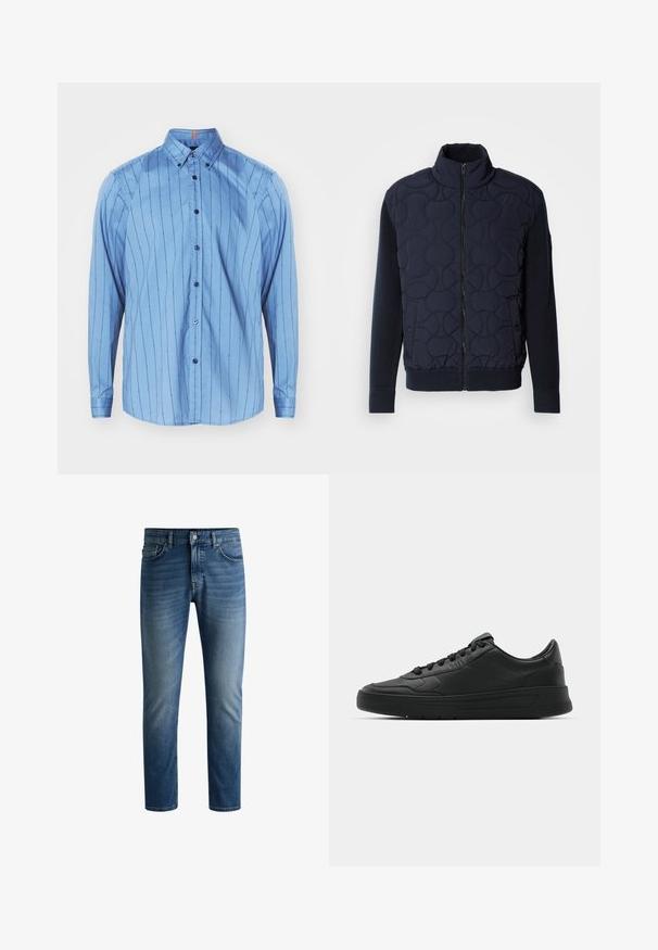 Tamsiai mėlynas siuvinėtas švarkas, turintis aukštą apykaklę, užtrauktuką priekyje, megztas rankoves ir briaunotą apačią, su apvaliais raštais priekyje.; Mėlynas medvilninis marškiniai su ilgomis rankovėmis, vertikaliomis smulkiomis juostelėmis, mygtukų detalėmis ir apykakle. Apykaklės viduje yra mažas oranžinis akcentas.; Tamsiai mėlynos džinsinės kelnės su tiesiu puošu, penkių kišenių dizainu, šviesiu blukimu šlaunų srityje ir vienu mygtuko užsegimu liemens srityje.; Juodi sportiniai batai su lygia odine viršutine dalimi, apvaliu pirštu, plokščiomis raišteliais, pagaminta su paminkštinta apykakle ir minimalizmo dizainu. Guma padais su subtilia protektoriaus raštu.