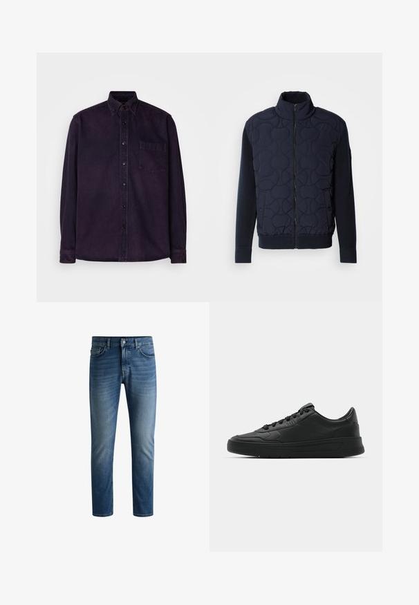 Sötét tengerészkék steppelt dzseki magas gallérral, cipzáros elülső résszel, kötött ujjakkal és bordázott aljjal, az elülső panelen kör alakú mintázattal.; Sötét lila, gombos ing pamutból, mellzsebekkel, klasszikus gallérral, hosszú ujjakkal és fekete gombokkal. Sima textúra.; Sötétkék farmernadrág egyenes szabással, öt zsebbel, világosabb elhalványulásokkal a combok területén, és egy gombos zárással a derékrészen.; Fekete sneaker sima bőr felsőrésszel, kerek orral, lapos fűzőkkel, párnázott nyakkal és minimalista dizájnnal. Gumi talp finom profillal.