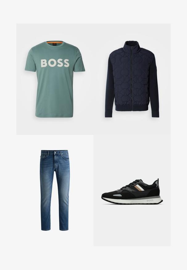 Tamsiai mėlynas siuvinėtas švarkas, turintis aukštą apykaklę, užtrauktuką priekyje, megztas rankoves ir briaunotą apačią, su apvaliais raštais priekyje.; BOSS THINKING - Marškinėliai su spaudiniu - open green; Tamsiai mėlynos džinsinės kelnės su tiesiu puošu, penkių kišenių dizainu, šviesiu blukimu šlaunų srityje ir vienu mygtuko užsegimu liemens srityje.; Juodas bėgimo batelis su struktūrizuota paviršiumi, šviesiai pilkomis akcentais ir trimis horizontaliosiomis rudo atspalvio juostomis. Savyje turi baltą paminkštintą padu.