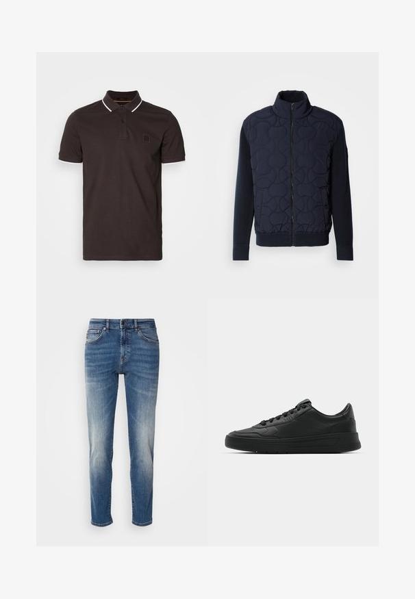 Dark navy quilted jacket featuring a high collar, zip front, knit sleeves, and ribbed hem, with circular patterns on the front panel.; Dark brown polo shirt made of cotton, featuring a classic collar, two buttons, and white accents at the collar and sleeves. Small logo on chest.; Blue denim jeans featuring a straight leg design, light fading, classic five-pocket styling, and a zip fly with button closure.; Black sneaker with smooth leather upper, round toe, flat laces, cushioned collar, and minimalistic design. Rubber sole with subtle tread pattern.