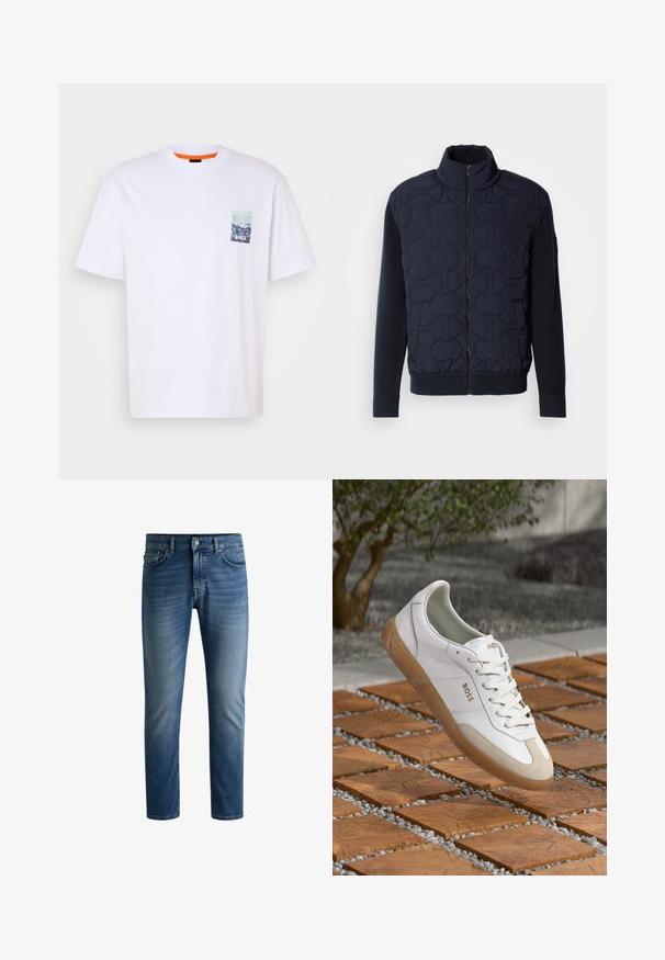 Tmavě námořnický prošívaný kabát s vysokým límcem, zipem vpředu, pletenými rukávy a žebrovaným lemem, se zaoblenými vzory na předním panelu.; Bílý bavlněný tričko s krátkými rukávy, kulatým výstřihem a malým modrým grafickým designem kapsy s nápisem "BOSS" na přední straně.; Tmavě modré džíny s rovnými nohavicemi, designem s pěti kapsami, s mírným vyšisováním na stehnech a jedním knoflíkem na zapnutí v pase.; Bílé kožené tenisky s béžovými semišovými detaily, s kulatou špičkou, šněrovacím předním dílem a hnědou gumovou podrážkou, zobrazující jméno značky "BOSS."