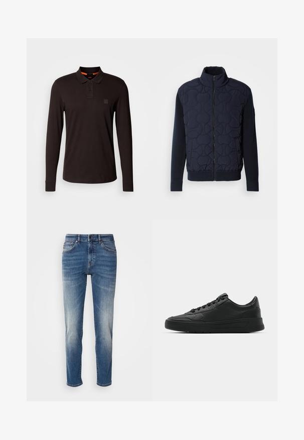 Dark navy quilted jacket featuring a high collar, zip front, knit sleeves, and ribbed hem, with circular patterns on the front panel.; Long-sleeve polo shirt in dark brown cotton, featuring a two-button placket, subtly embossed logo patch, and contrasting orange inner collar.; Blue denim jeans featuring a straight leg design, light fading, classic five-pocket styling, and a zip fly with button closure.; Black sneaker with smooth leather upper, round toe, flat laces, cushioned collar, and minimalistic design. Rubber sole with subtle tread pattern.