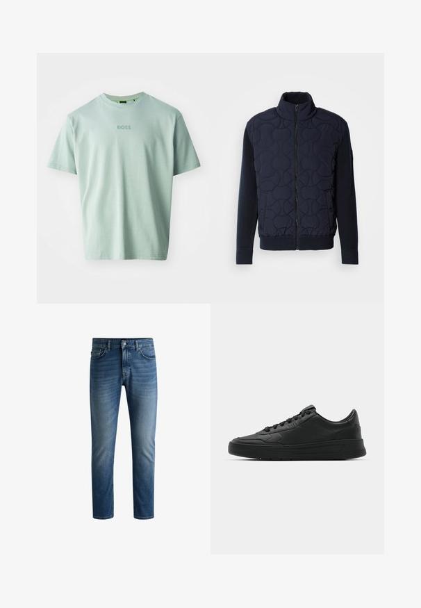 Temno modra prešita jakna z visokim ovratnikom, z zadrgo spredaj, pletenimi rokavi in rebrastim robom, s krožnimi vzorci na sprednjem panelu.; Svetlo zelena majica iz mehkega bombaža, kratkih rokavov in okroglega izreza. Na sprednji strani je izvezen logotip "BOSS".; Temno modre jeans hlače s ravnim krojem, petimi žepi, svetlim bledenjem na stegnih in enojnim gumbom za zapiranje na pasu.; Črne superge z gladkim usnjenim zgornjim delom, okroglo konico, ravnimi vezalkami, oblazinjeno ovratnikom in minimalističnim dizajnom. Gumijast podplat z diskretnim profilom.
