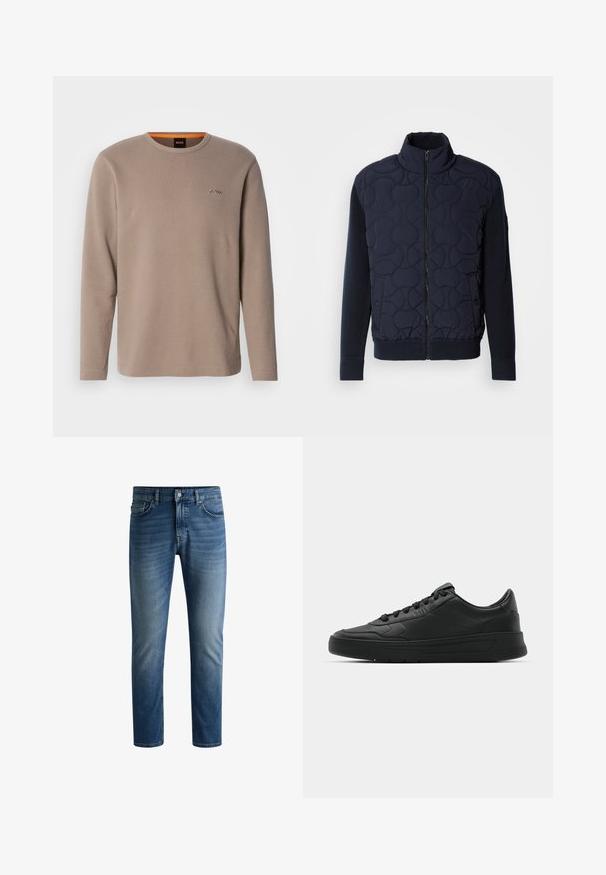 Mørk sjøgrønn quiltet jakke med høy krage, glidelås foran, strikkede ermer og ribbestrikket hem, med sirkulære mønstre på frontpanelet.; Beige langermet skjorte laget av ribbet stoff. Har rund hals og en liten brodert logo på venstre bryst. Aksektert med oransje på innsiden av kragen.; Mørk blå denimjeans med rett snitt, fem lommers design, lys falming på lårene, og en enkelt knapp i midjen.; Sorte sneakers med glatt skinnøvre, rund tå, flate lisser, polstret krage og minimalistisk design. Gummisåle med subtilt mønster.