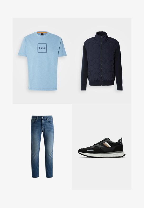 Tamsiai mėlynas siuvinėtas švarkas, turintis aukštą apykaklę, užtrauktuką priekyje, megztas rankoves ir briaunotą apačią, su apvaliais raštais priekyje.; Šviesiai mėlynas medvilninis marškinėliai su apvalia iškirpte, centre turi tamsiai mėlyną kvadratinį siuvinėtą logotipą ir trumpas rankoves.; Tamsiai mėlynos džinsinės kelnės su tiesiu puošu, penkių kišenių dizainu, šviesiu blukimu šlaunų srityje ir vienu mygtuko užsegimu liemens srityje.; Juodas bėgimo batelis su struktūrizuota paviršiumi, šviesiai pilkomis akcentais ir trimis horizontaliosiomis rudo atspalvio juostomis. Savyje turi baltą paminkštintą padu.