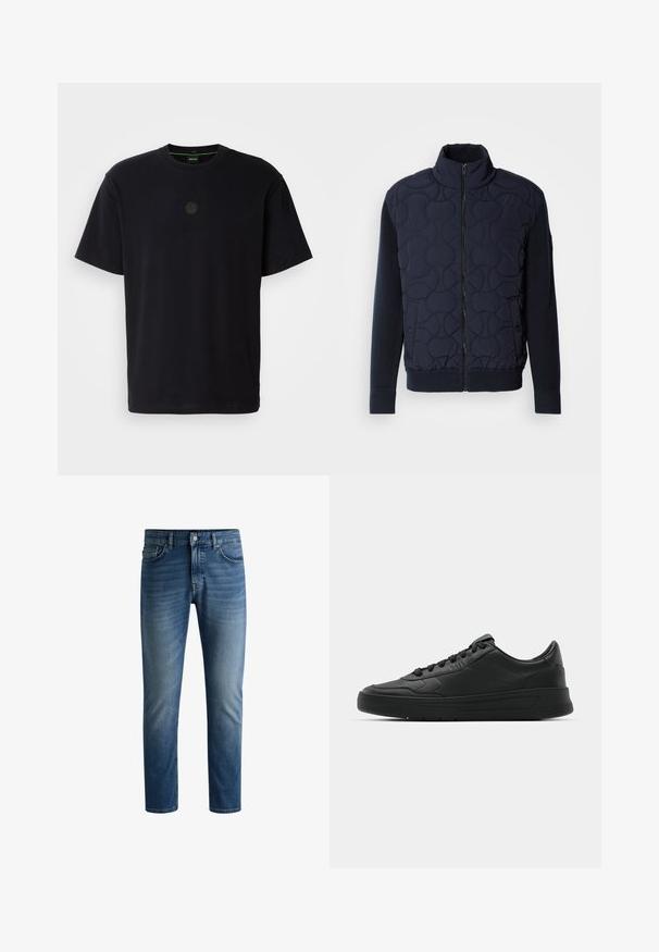 Ciemnoniebieska pikowana kurtka z wysokim kołnierzem, zamkiem z przodu, dzianinowymi rękawami i ściągaczem na dole, z okrągłymi wzorami na przedniej części.; Czarna koszulka z krótkim rękawem wykonana z miękkiego materiału, z okrągłym dekoltem i subtelnym logo w ciemnym brązie na klatce piersiowej.; Ciemnoniebieskie dżinsy z prostym krojem, pięcioma kieszeniami, delikatnym wyblaknięciem na udach i jednym guzikiem przy pasku.; Czarny sneakers z gładkiej skórzanej cholewce, okrągłym nosku, płaskimi sznurówkami, wyściółką kołnierza i minimalistycznym designie. Gumowa podeszwa z delikatnym wzorem bieżnika.