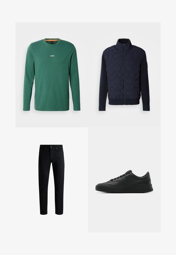 Tamsiai mėlynas siuvinėtas švarkas, turintis aukštą apykaklę, užtrauktuką priekyje, megztas rankoves ir briaunotą apačią, su apvaliais raštais priekyje.; Žalias ilgomis rankovėmis medvilninis marškinėlis su apvalia apykakle, ant krūtinės turintis baltą "BOSS" logotipą ir oranžinį vidinį apykaklės detalizavimą.; Juodos slim fit džinsinės kelnės su penkiomis kišenėmis, mygtukų uždarymu ir diržo kilpomis, parodytos prieš baltą foną.; Juodi sportiniai batai su lygia odine viršutine dalimi, apvaliu pirštu, plokščiomis raišteliais, pagaminta su paminkštinta apykakle ir minimalizmo dizainu. Guma padais su subtilia protektoriaus raštu.