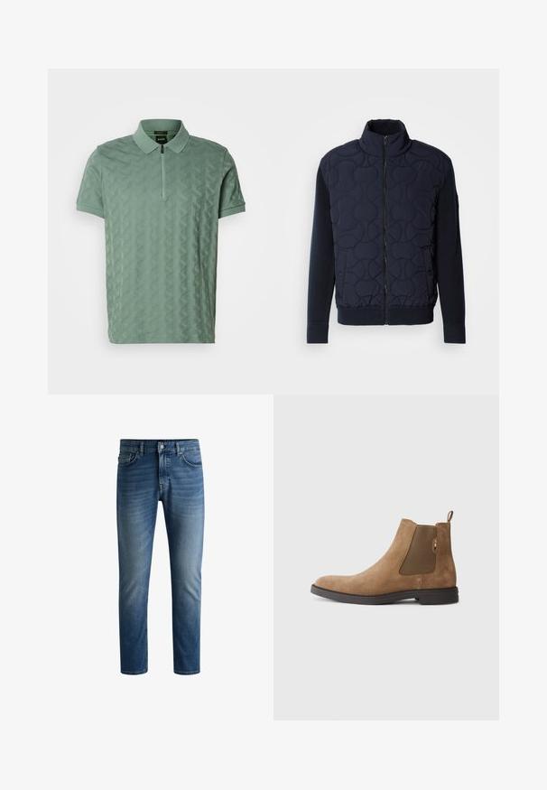 Tumši jūras zils, quiltēts jakas izmērs ar augstu apkakli, ar rāvējspiedni priekšpusē, adītām piedurknēm un ribinātu apakšmalu, ar apļveida rakstiem priekšējā panelī.; Īsām piedurknēm zaļa polo krekls ar teksturētu ģeometrisku rakstu, rāvējslēdzēja apkakli un smalku izšūtu logo uz krūšu.; Tumši zili džinsi ar taisnu piegriezumu, piecu kabatu dizainu, vieglu izbalēšanu uz augšstilbiem un vienu pogu jostasvietā.; Brūni zamšaini Čelsijas zābaki ar elastīgām sānu paneļiem un vilkšanas cilpu. Iespējas ietver noapaļotu purngalu un plakanu gumijas zoli stabilitātei.