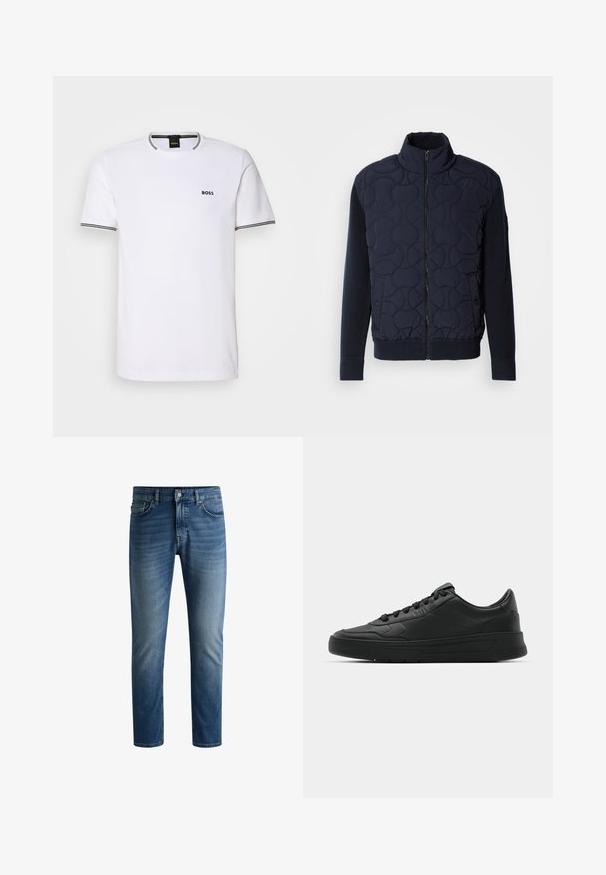Ciemnoniebieska pikowana kurtka z wysokim kołnierzem, zamkiem z przodu, dzianinowymi rękawami i ściągaczem na dole, z okrągłymi wzorami na przedniej części.; Biała koszulka z krótkim rękawem z czarnym wykończeniem kołnierzyka i rękawów. Na lewej piersi znajduje się małe czarne logo "BOSS".; Ciemnoniebieskie dżinsy z prostym krojem, pięcioma kieszeniami, delikatnym wyblaknięciem na udach i jednym guzikiem przy pasku.; Czarny sneakers z gładkiej skórzanej cholewce, okrągłym nosku, płaskimi sznurówkami, wyściółką kołnierza i minimalistycznym designie. Gumowa podeszwa z delikatnym wzorem bieżnika.
