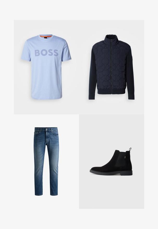 Casaco acolchoado azul marinho escuro com gola alta, fecho de correr na frente, mangas de malha e barra canelada, com padrões circulares no painel da frente.; T-shirt de algodão azul claro com decote arredondado e mangas curtas, apresentando a palavra "BOSS" em destaque com letras grandes em roxo escuro.; Jeans em denim azul escuro com corte reto, design de cinco bolsos, desbotamento leve nas coxas e um único botão de fecho na cintura.; Botas Chelsea em camurça preta com painéis laterais elásticos, bico redondo e sola baixa em borracha. Possui uma aba na parte de trás para facilitar o calçar.