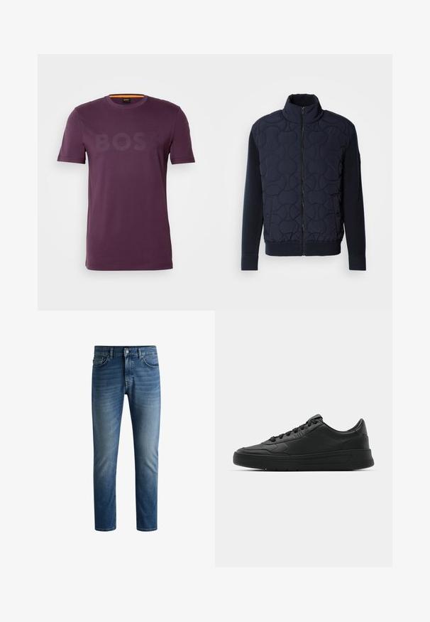 Mörkblå vadderad jacka med hög krage, dragkedja fram, stickade ärmar och ribbad nederkant, med cirkulära mönster på frampanelen.; Lila kortärmad T-shirt i bomull, med en diskret logotyp i mitten. Rund halsringning med en orange detalj invändigt.; Mörkblå denimjeans med rak skärning, femfickdesign, lätt blekning på låren och en enskild knappstängning i midjan.; Svart sneaker med slät läderöverkänsla, rund tå, platta snören, vadderad krage och minimalistisk design. Gummisula med subtilt mönster.