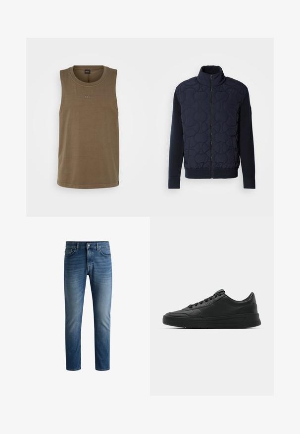 Tamsiai mėlynas siuvinėtas švarkas, turintis aukštą apykaklę, užtrauktuką priekyje, megztas rankoves ir briaunotą apačią, su apvaliais raštais priekyje.; Ruda be rankovių marškinėlių palaidinė, pagaminta iš medvilnės. Yra apvalus iškirpimas ir centrinis logotipas. Lygi tekstūra ir laisvas siluetas.; Tamsiai mėlynos džinsinės kelnės su tiesiu puošu, penkių kišenių dizainu, šviesiu blukimu šlaunų srityje ir vienu mygtuko užsegimu liemens srityje.; Juodi sportiniai batai su lygia odine viršutine dalimi, apvaliu pirštu, plokščiomis raišteliais, pagaminta su paminkštinta apykakle ir minimalizmo dizainu. Guma padais su subtilia protektoriaus raštu.