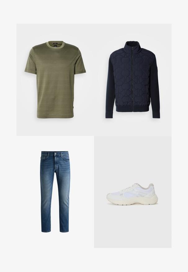 Tmavě námořnický prošívaný kabát s vysokým límcem, zipem vpředu, pletenými rukávy a žebrovaným lemem, se zaoblenými vzory na předním panelu.; Olivově zelené texturované tričko s krátkým rukávem a kulatým výstřihem, s jemným horizontálním vzorem, umístěné na čistém bílém pozadí.; Tmavě modré džíny s rovnými nohavicemi, designem s pěti kapsami, s mírným vyšisováním na stehnech a jedním knoflíkem na zapnutí v pase.; Bílé sportovní boty vyrobené z síťoviny a semiše, s texturovanou mezipodešví, texturovanými akcenty a logem "HUGO" na boku.