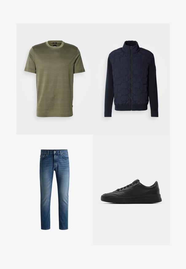 Σκούρο ναυτικό καπιτονέ μπουφάν με ψηλό γιακά, φερμουάρ μπροστινής κλεισίματος, πλεκτά μανίκια και ραμμένο τελείωμα, με κυκλικά σχέδια στην μπροστινή πλευρά.; Λαδί πράσινο ανάγλυφο κοντομάνικο T-shirt με στρογγυλή λαιμόκοψη και διακριτό οριζόντιο μοτίβο, τοποθετημένο σε λευκό φόντο.; Σκούρο μπλε τζιν παντελόνι με ίσια γραμμή, πέντε τσέπες, ελαφριά φθορά στους μηρούς και ένα κουμπί κλεισίματος στη μέση.; Μαύρο αθλητικό παπούτσι με λείο δέρμα, στρογγυλή μύτη, επίπεδα κορδόνια, μαξιλαρωμένο κολάρο και μινιμαλιστικό σχέδιο. Καουτσούκ σόλα με ήπιο μοτίβο πρόσφυσης.