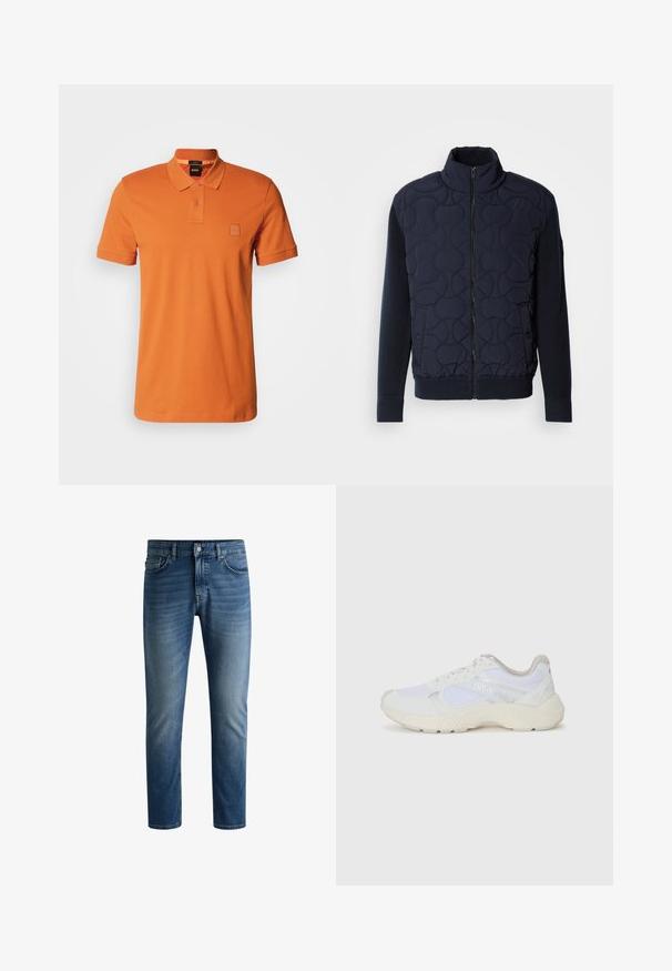 Σκούρο ναυτικό καπιτονέ μπουφάν με ψηλό γιακά, φερμουάρ μπροστινής κλεισίματος, πλεκτά μανίκια και ραμμένο τελείωμα, με κυκλικά σχέδια στην μπροστινή πλευρά.; Πορτοκαλί πόλο μπλουζάκι με κολάρο, κοντά μανίκια, δύο κουμπιά και ανάγλυφο λογότυπο στο στήθος. Λείος υφαντικός ιστός.; Σκούρο μπλε τζιν παντελόνι με ίσια γραμμή, πέντε τσέπες, ελαφριά φθορά στους μηρούς και ένα κουμπί κλεισίματος στη μέση.; Λευκά αθλητικά παπούτσια από πλέγμα και σουέτ, με υφή στη σόλα, υφές σε διάφορα σημεία και λογότυπο "HUGO" στο πλάι.