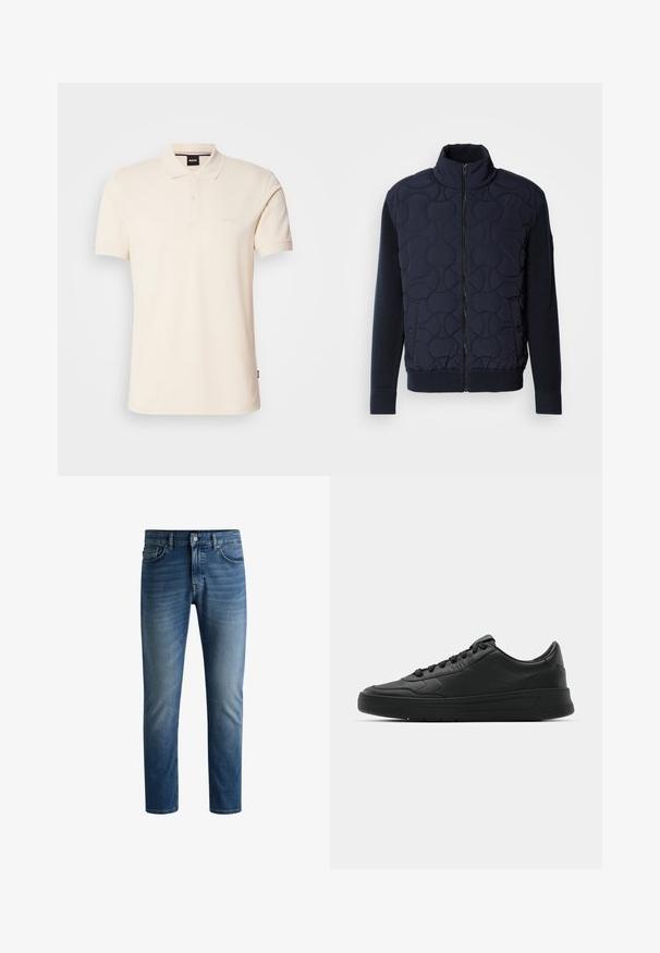 Mørk sjøgrønn quiltet jakke med høy krage, glidelås foran, strikkede ermer og ribbestrikket hem, med sirkulære mønstre på frontpanelet.; Beige polo skjorte i bomull, med krage og to-knaps placket. "BOSS"-logo brodert på brystet, korte ermer, enkel design.; Mørk blå denimjeans med rett snitt, fem lommers design, lys falming på lårene, og en enkelt knapp i midjen.; Sorte sneakers med glatt skinnøvre, rund tå, flate lisser, polstret krage og minimalistisk design. Gummisåle med subtilt mønster.