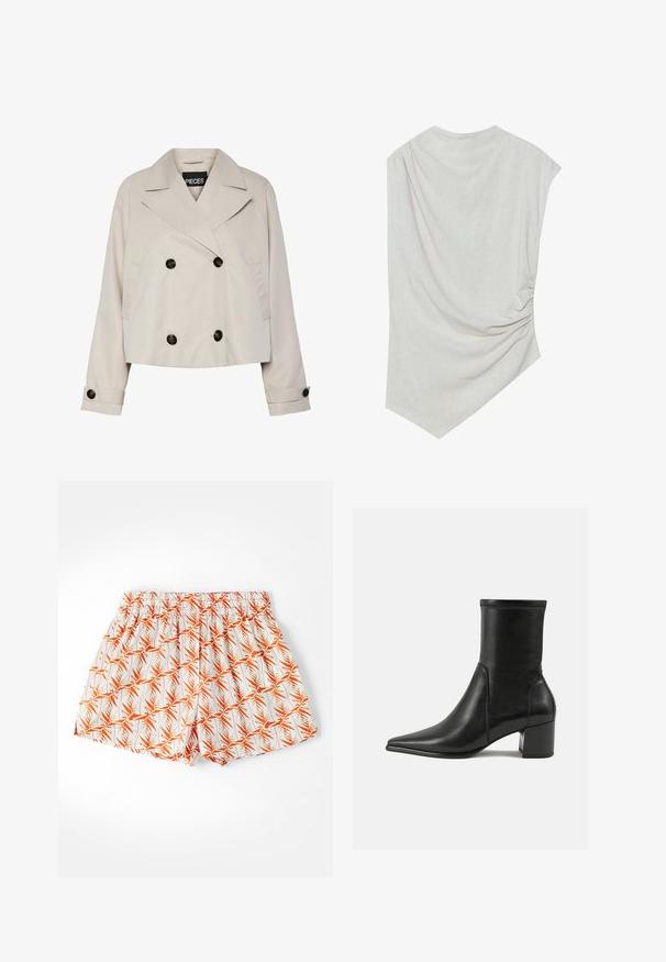 Lys beige kort dobbeltbrystet jakke med brede revers, fire sorte knapper foran, og knappefeste på lange ermer.; Lys beige topp med rund halsutskjæring, asymmetrisk nederkant og rynkede detaljer på den ene siden. Laget av et mykt, teksturert stoff.; Hvite shorts med et oransje palmebladmønster, elastisk midjebånd og løs passform. Laget av lett stoff, egnet for varmt vær.; Sorte ankelstøvler laget av glatt lær, med spiss tå, blokkhelt og distinkte hevede sømmer på toppen.