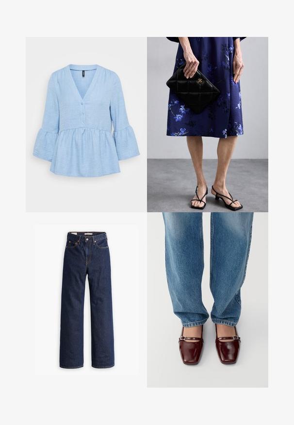 Giacca cropped beige chiaro doppiopetto con ampie revers, quattro bottoni neri sul davanti e polsini abbottonati sulle maniche lunghe.; Tunika di colore azzurro chiaro realizzata in tessuto testurizzato, con scollatura a V, apertura con bottoni e maniche a tre quarti svasate con orlo arricciato.; Jeans in denim blu scuro a gamba dritta con cinque tasche, cuciture arancioni e chiusura con bottoni.; Scarpe in pelle verniciata bordeaux con punta quadrata e cinturino alla caviglia, abbinate a jeans loose-fit di colore blu chiaro. Le scarpe hanno una finitura lucida.; Clutch nera trapuntata con hardware dorato, abbinata a un vestito floreale blu. Il vestito presenta una trama liscia e una silhouette a lunghezza ginocchio. Sandali neri con cinturini.