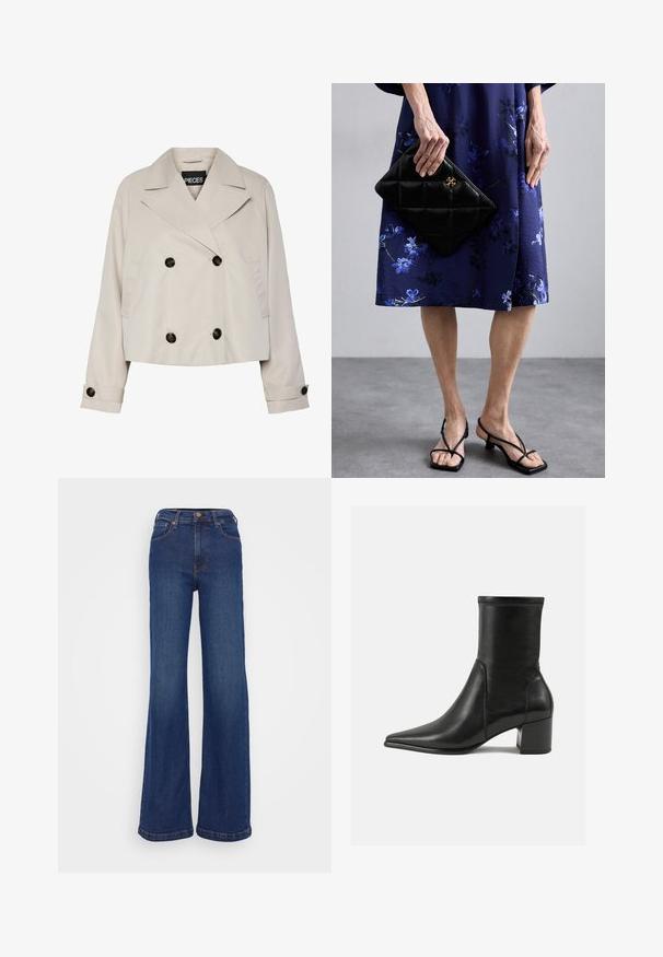 Gai krēmkrāsas īsā divrindu jaka ar plašiem uzmavu iekšiņiem, četriem melniem pogām priekšpusē un pogātām aprocēm garajām piedurknēm.; Melnā turtlenecka garām piedurknēm augšdaļa, izgatavota no ribotas auduma, ar pieguļošu piegriezumu, augstu kakla izgriezumu un bez rakstiem vai akcentiem.; Plati bikses no tumši zilas džinsa. Iezīmē augstu jostasvietu, piecu kabatu dizainu un smalku dūrienu uz šuvēm.; Melnas potītes zābaki, kas izgatavoti no gludas ādas, ar smailu purngalu, blokveida papēdi un izteiktu paceltu šuvumu augšējā malā.; Melna izšūta rokassoma ar zelta piederumiem, apvienota ar zilu ziedu kleitu. Kleitai ir gluda tekstūra un ceļa garuma siluets. Melni siksniņu zābaki.; Sudraba metāla auskari ar viļņainu, skulpturālu dizainu, kas izceļas ar pulētu apdari un neregulārām formām, uzsverot mūsdienīgu estētiku.