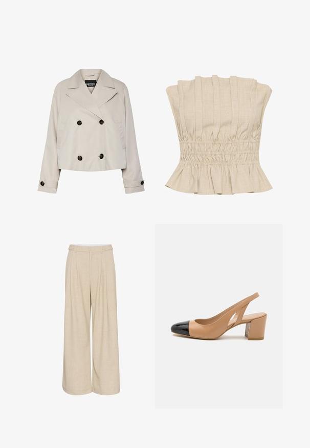 Light beige cropped double-breasted jacket with wide lapels, four black buttons on front, and buttoned cuffs on long sleeves.; Beige cropped top with vertical pleats, smocked waist, and ruffled hem. Made from a lightweight fabric with a soft texture.; Beige wide-leg trousers in a textured fabric with a high-waisted design, featuring two front buttons and dual side pockets for utility.; Beige leather slingback heel with a black patent toe cap, square heel, cutout sides, and textured sole.
