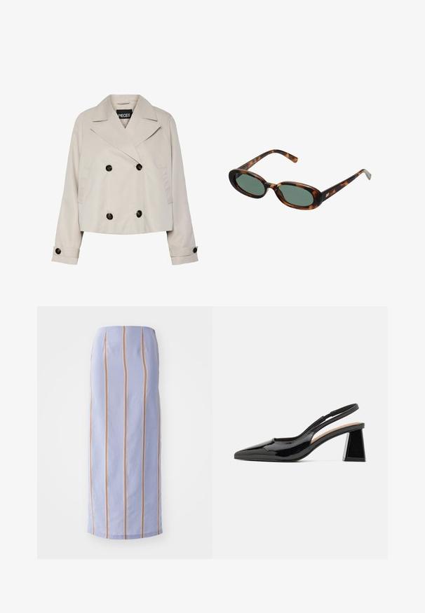 Lichtbeige cropped dubbelknopsgeschakeld jack met brede revers, vier zwarte knopen aan de voorkant en knoopsluiting op de lange mouwen.; Zwarte geribbelde tanktop met een ronde halslijn en een geborduurd logo in het wit. De stof heeft een gladde textuur met een aansluitende pasvorm.; Lichtpaarse midi-rok met verticale strepen in oranje en wit. Soepele textuur met een gestructureerde pasvorm en een rechte zoom.; Zwarte gepatineerde slingback hakken met een spitse neus, voorzien van een unieke geometrische blokhak en een gladde textuur. Verstelbare band voor ondersteuning.; schildpadbril met ovale monturen en groene lenzen. Heeft dunne spijlen met een metalen accent nabij de scharnieren.; Zwarte gewatteerde clutch met gouden details, gecombineerd met een blauwe bloemenjurk. De jurk heeft een gladde textuur en een lengte tot de knie. Zwarte gekruiste sandalen.; Zilveren metalen oorbellen met een golvend, sculpturaal ontwerp, voorzien van een gepolijste afwerking en onregelmatige vormen, die een hedendaagse esthetiek benadrukken.