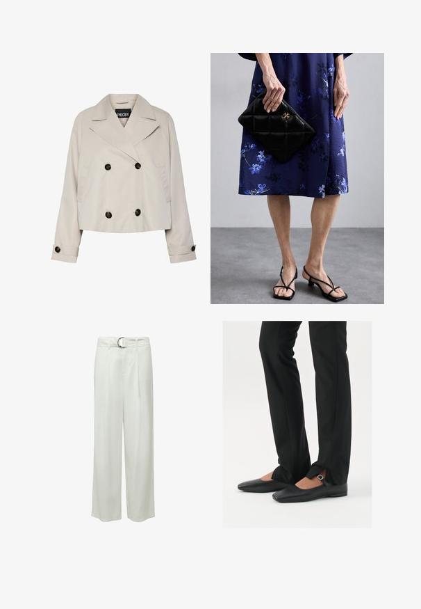 Jasnobeżowa, skrócona podwójnie zapinana marynarka z szerokimi klapami, czterema czarnymi guzikami z przodu oraz zapinanymi mankietami na długich rękawach.; Biała koszulka z krótkim rękawem wykonana z miękkiej bawełny, o okrągłym dekolcie i raglanowych rękawach, charakteryzująca się luźnym, prostym krojem bez wzorów.; Białe spodnie o szerokich nogawkach o gładkiej fakturze, z przodu z plisami i srebrną okrągłą klamrą pasa. Brak widocznych kieszeni.; Czarne skórzane baletki z ostro zakończonym noskiem, paskiem z srebrną klamrą, w połączeniu z czarnymi spodniami o dopasowanym kroju z rozcięciem u dołu.; Czarna pikowana kopertówka ze złotymi akcentami, łączona z niebieską sukienką w kwiaty. Sukienka ma gładką teksturę i długość do kolan. Czarne sandały na cienkich paskach.; Srebrne metalowe kolczyki o falistym, rzeźbiarskim wzorze z polerowanym wykończeniem i nieregularnymi kształtami, podkreślające nowoczesny estetykę.