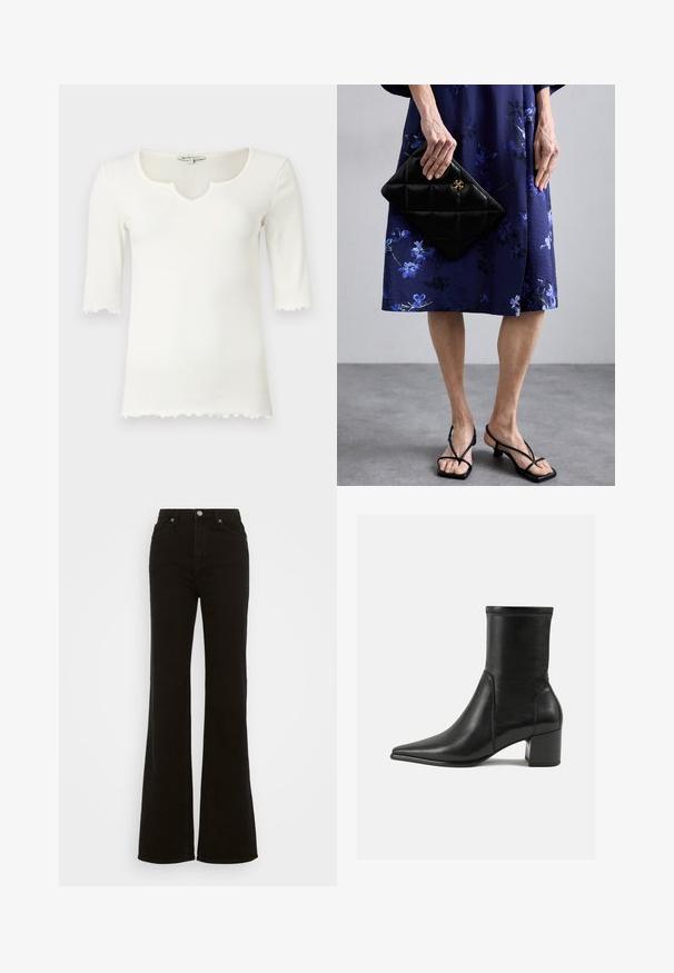 Gai krēmkrāsas īsā divrindu jaka ar plašiem uzmavu iekšiņiem, četriem melniem pogām priekšpusē un pogātām aprocēm garajām piedurknēm.; Balta ribota T-kreklu ar platu kaklu un īsām piedurknēm, ar viļņotu maliņu. Izgatavots no mīksta, elastīga materiāla.; Augstas jostas melni izplūduši džinsi, kas izgatavoti no denima, ar pogu aizdari, sānu kabatām un gludu tekstūru.; Melnas potītes zābaki, kas izgatavoti no gludas ādas, ar smailu purngalu, blokveida papēdi un izteiktu paceltu šuvumu augšējā malā.; Melna izšūta rokassoma ar zelta piederumiem, apvienota ar zilu ziedu kleitu. Kleitai ir gluda tekstūra un ceļa garuma siluets. Melni siksniņu zābaki.; Sudraba metāla auskari ar viļņainu, skulpturālu dizainu, kas izceļas ar pulētu apdari un neregulārām formām, uzsverot mūsdienīgu estētiku.